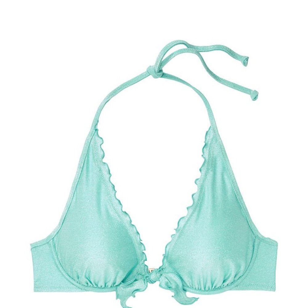 VICTORIA SECRET Ruffle Bikini Top 38D 38DD Shimmer Underwire Removable Padding